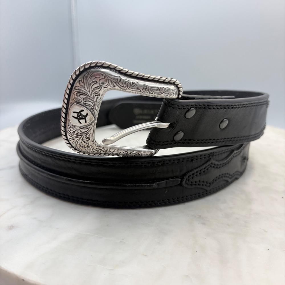 Ariat Leather Belt Mens 34 Black Western Engraved Silver Buckle A1019401